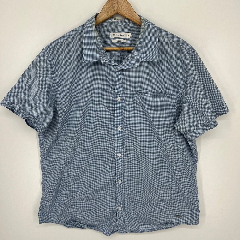 Calvin Klein Mens XL Slim Fit Short Sleeve Gingham Button Down Shirt Blue White
